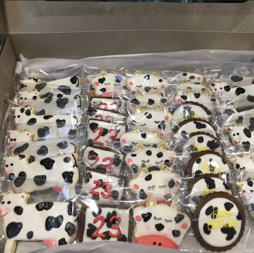White round cookies with a cow spot theme