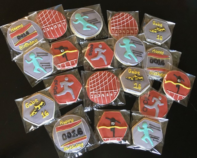 Cookie example photo of track and field theme. Red and grey colors.