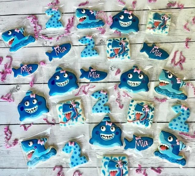 Blue shark themed custom sugar cookie order design example