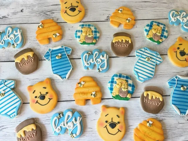 Honey bear theme baby decorated sugar cookies brown light blue color full set