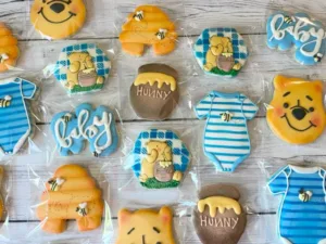 Honey bear theme baby decorated sugar cookies.